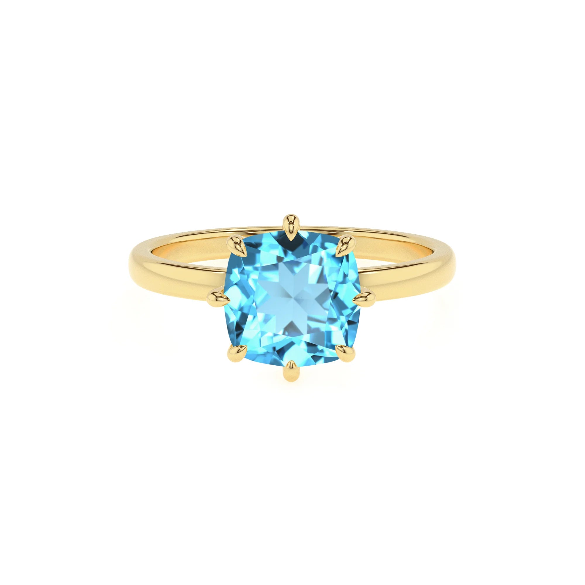 natural swiss-blue-topaz cushion solitaire rings in yellow gold