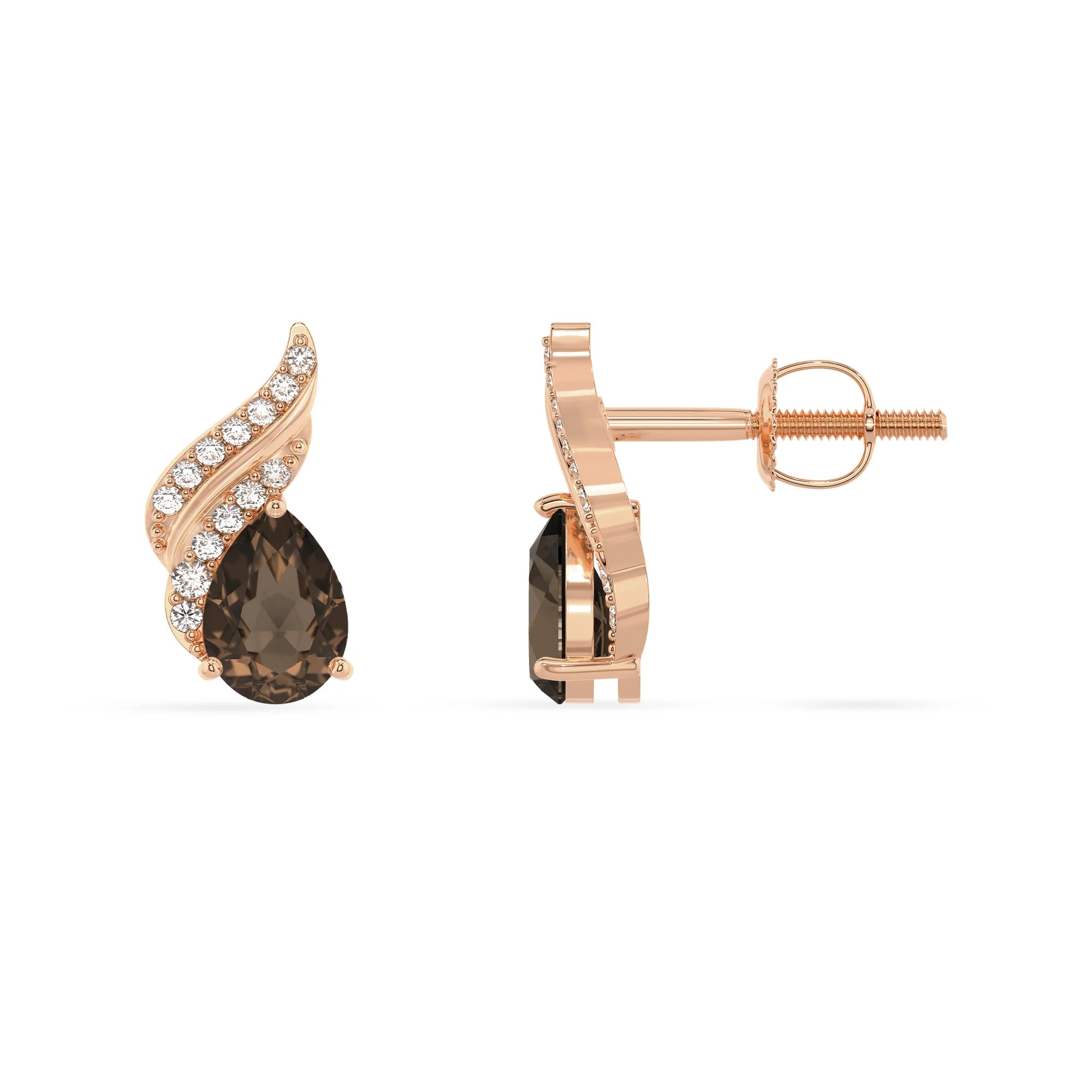 natural smoky quartz pear stud earrings in rose gold