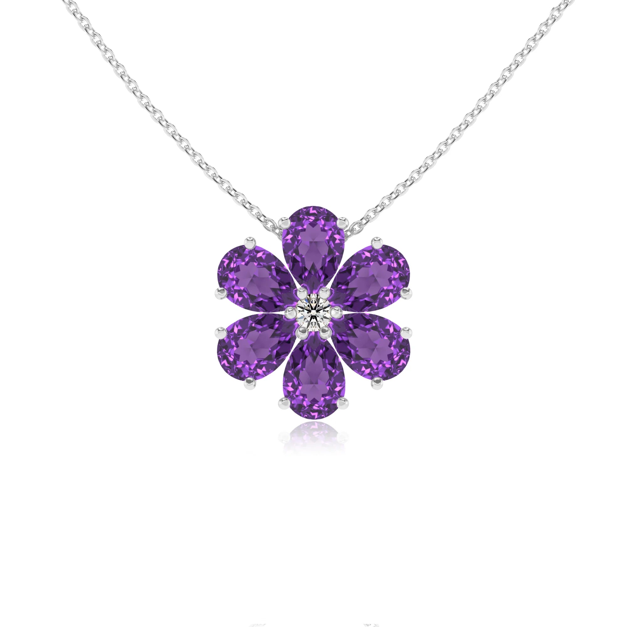 lab grown amethyst pear solitaire necklaces in platinum