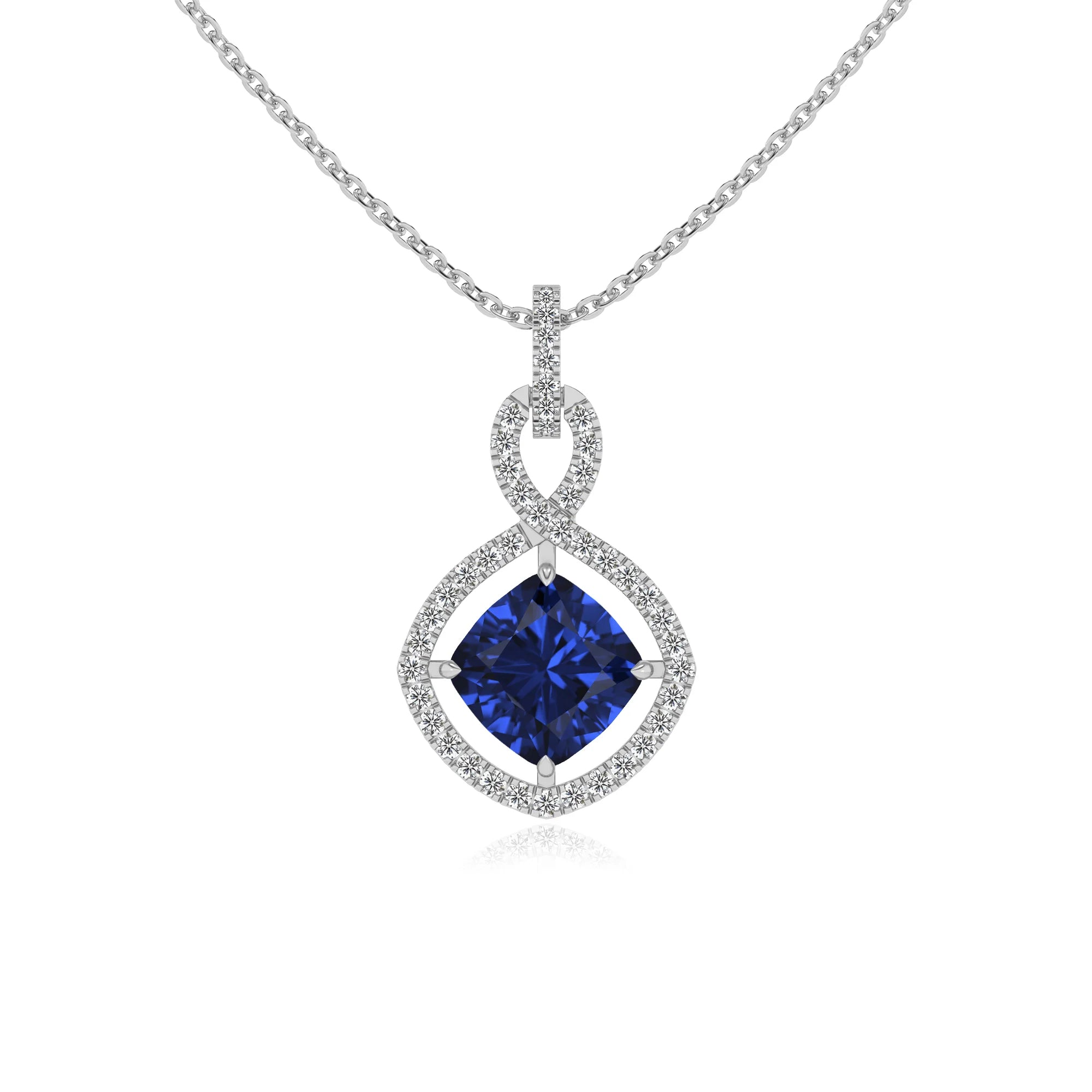 lab grown blue-sapphire cushion infinity necklaces in platinum