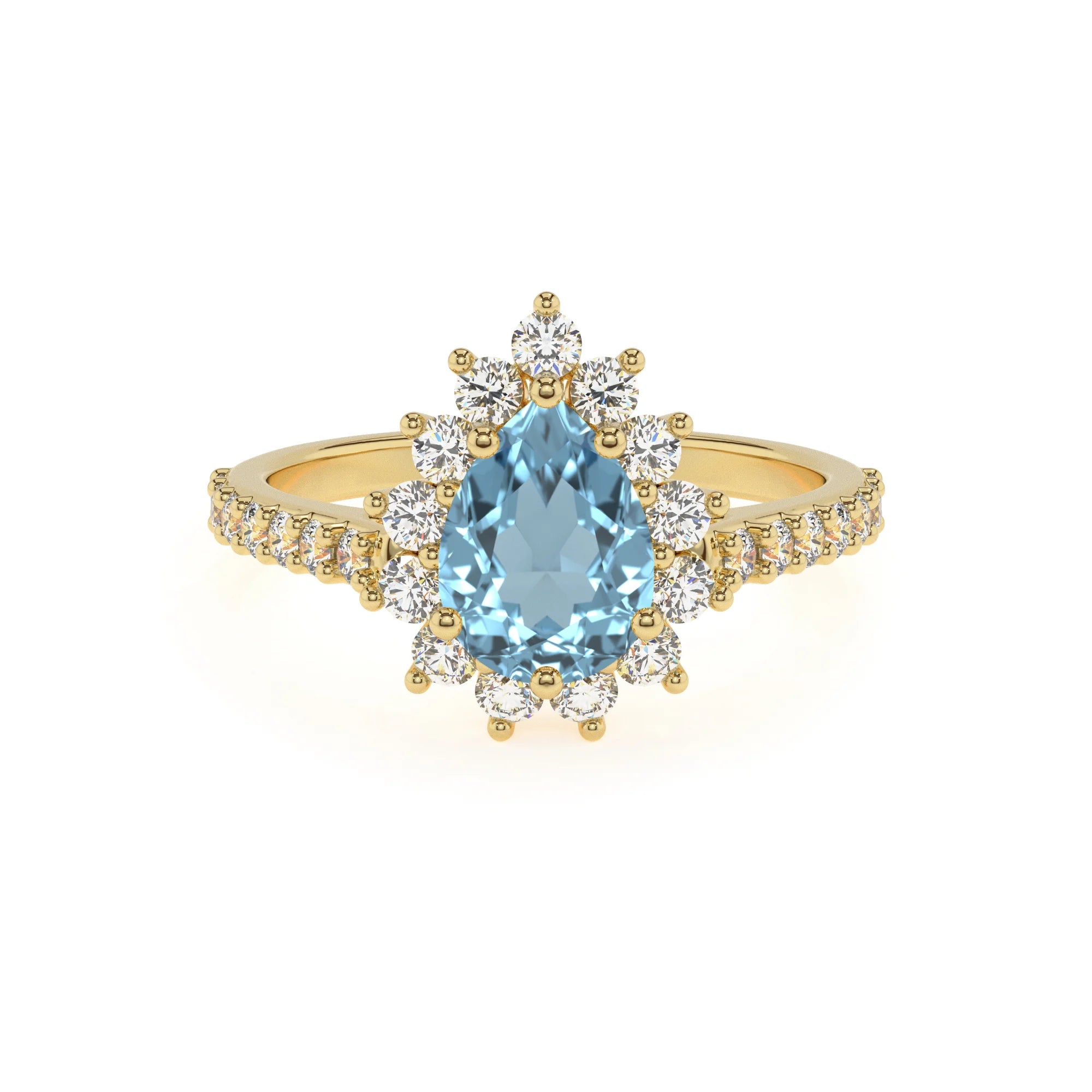 lab grown aquamarine pear solitaire rings in yellow gold