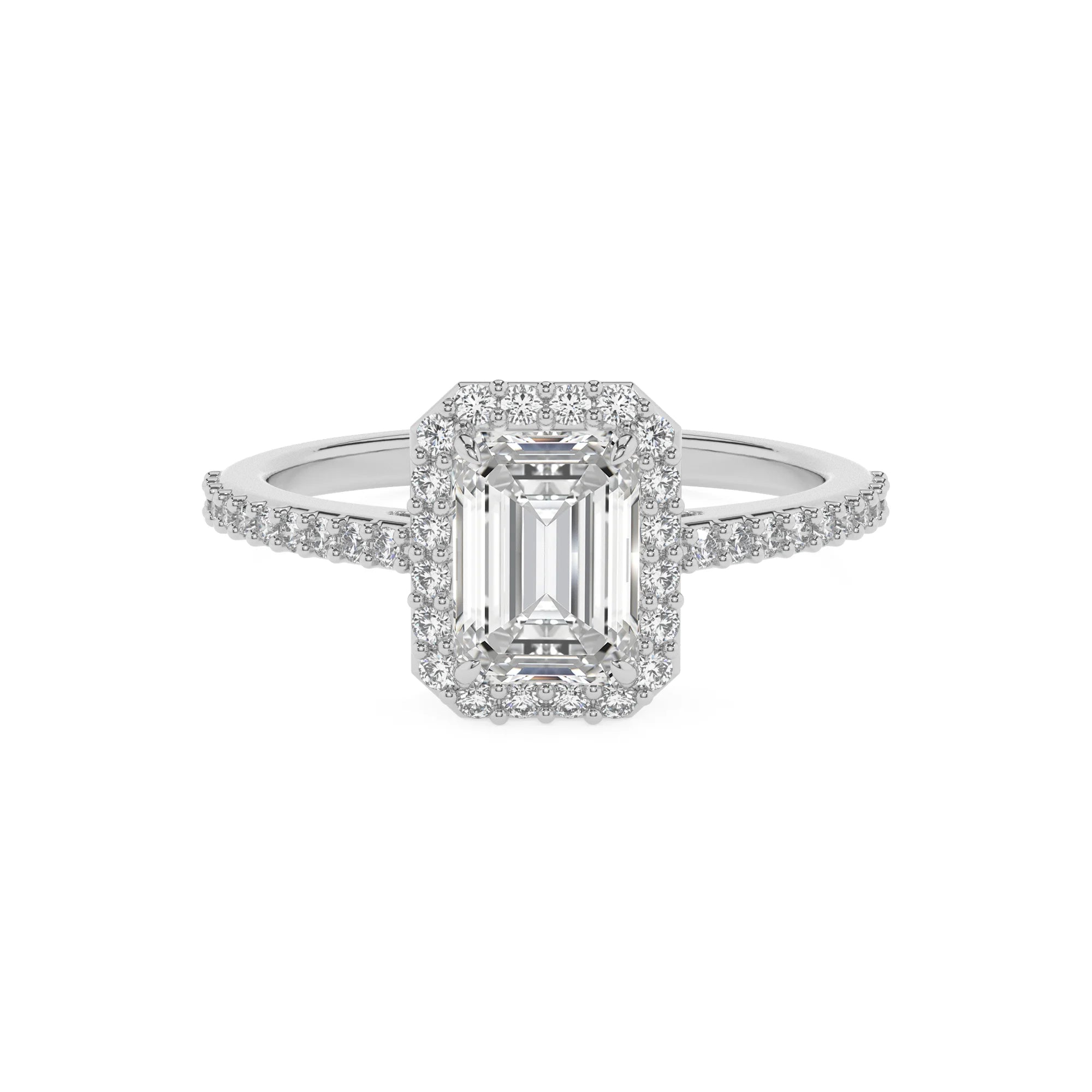 lab grown moissanite emerald cut solitaire rings in platinum