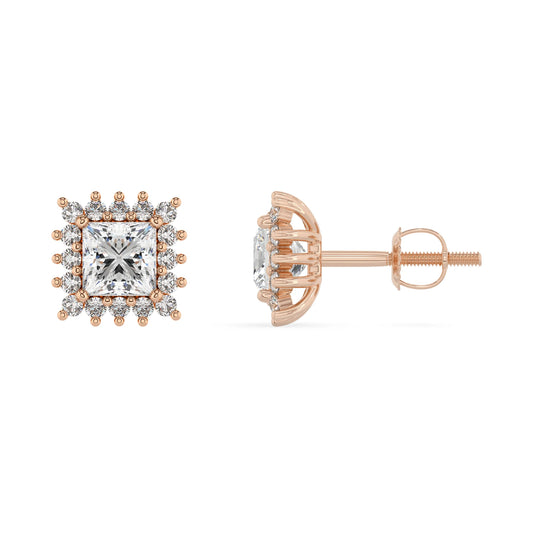 lab grown moissanite princess stud earrings in rose gold