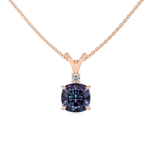 lab grown alexandrite cushion solitaire v-bale necklaces in rose gold