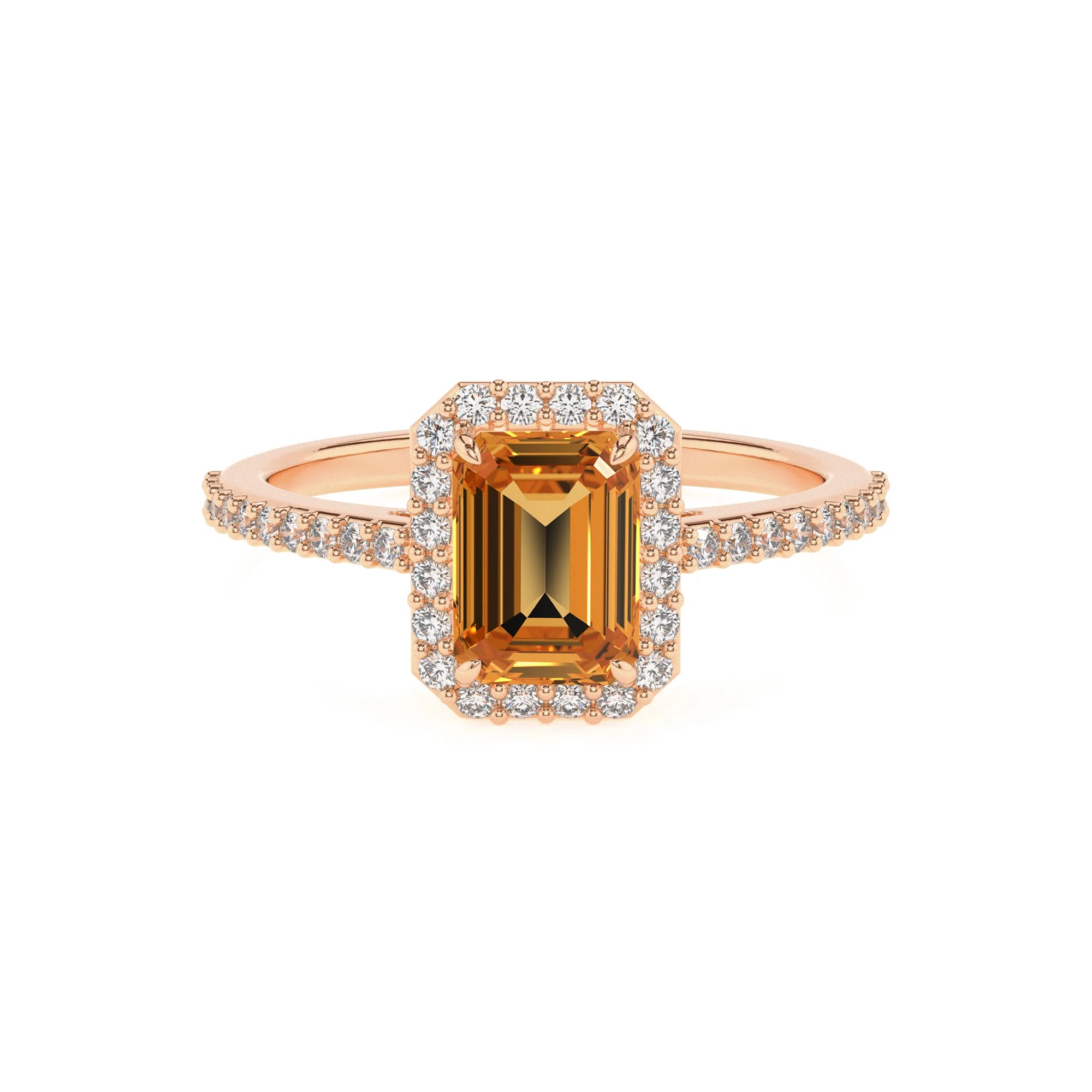lab grown citrine emerald cut solitaire rings in rose gold