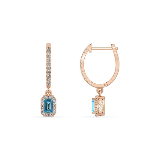natural swiss blue topaz emerald cut drop earrings in rose gold