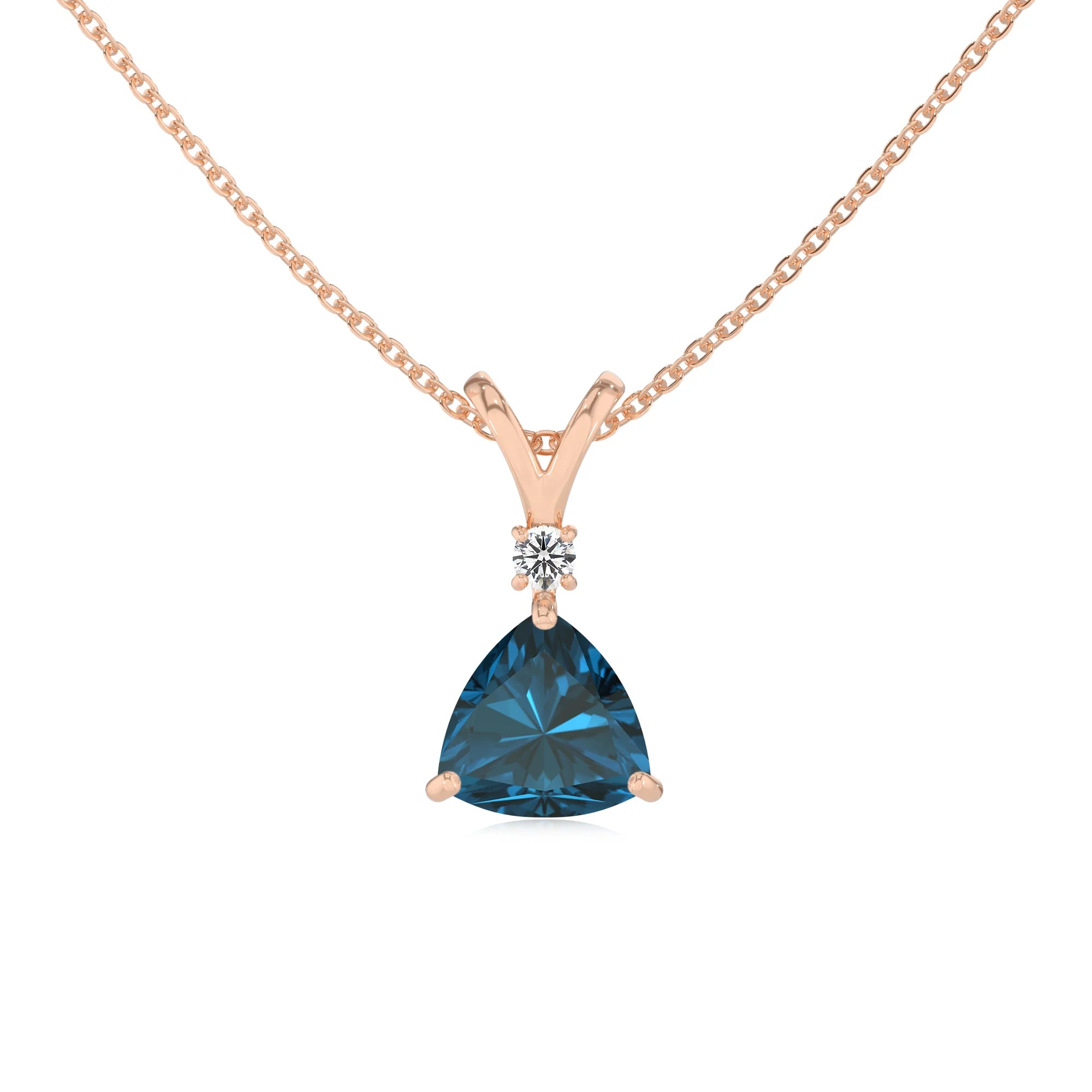natural london-blue-topaz trillion solitaire v-bale necklaces in rose gold