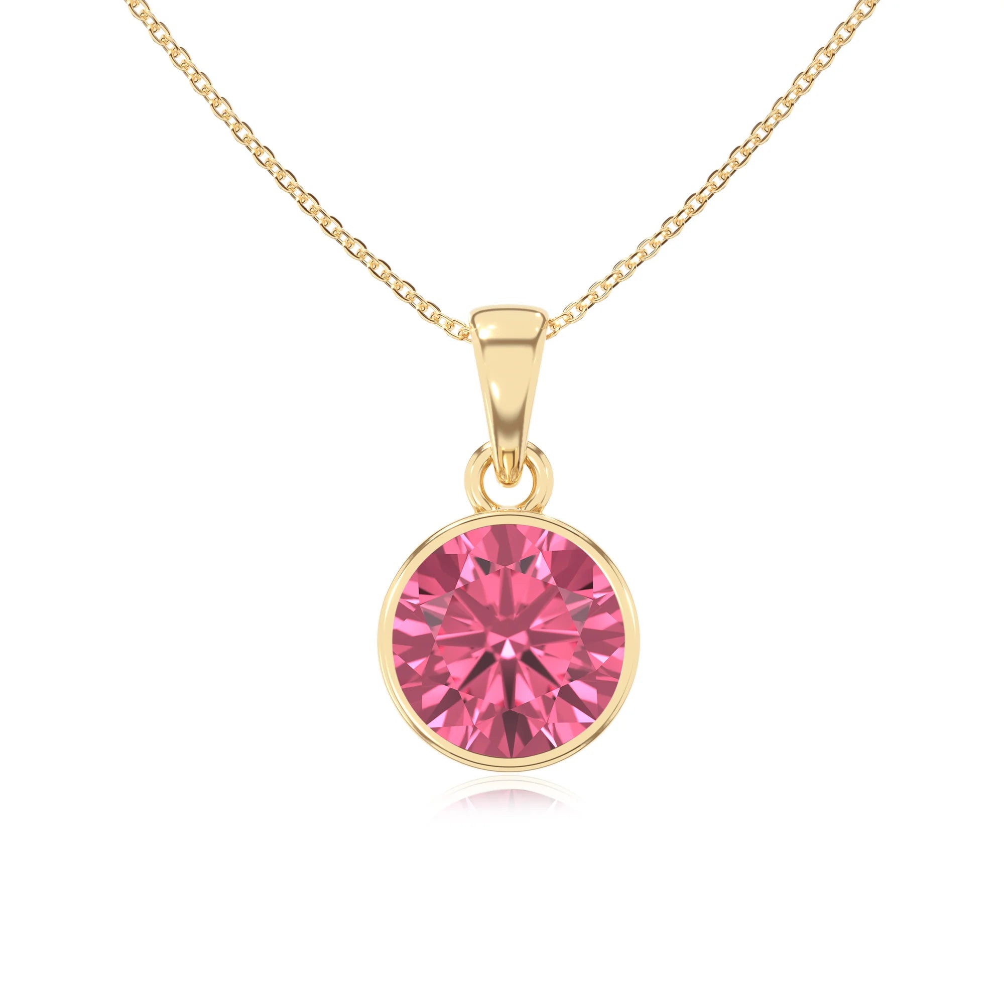 lab grown pink-tourmaline round solitaire necklaces in yellow gold