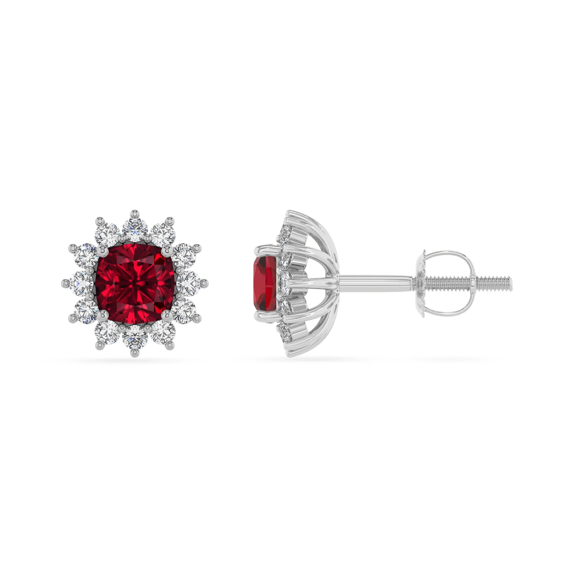 lab grown ruby cushion stud earrings in platinum