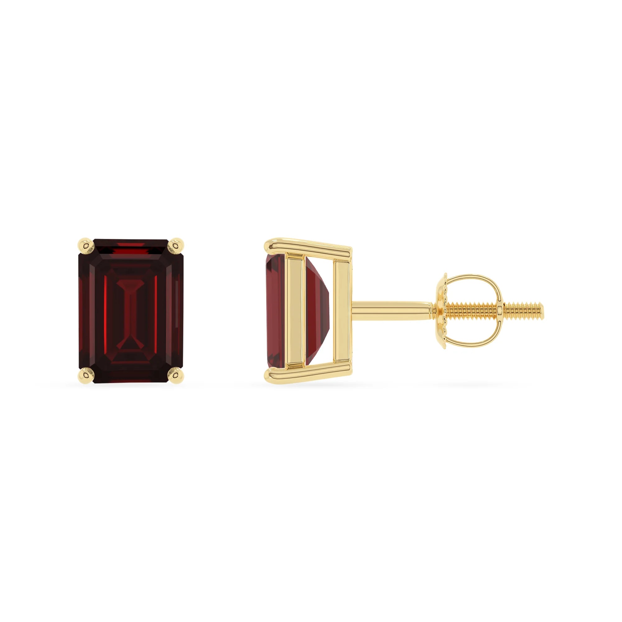 natural garnet emerald cut stud earrings in yellow gold
