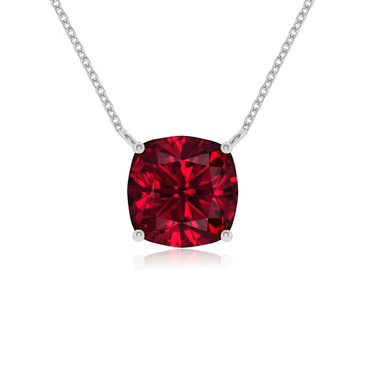 lab grown ruby cushion solitaire necklaces in sterling silver