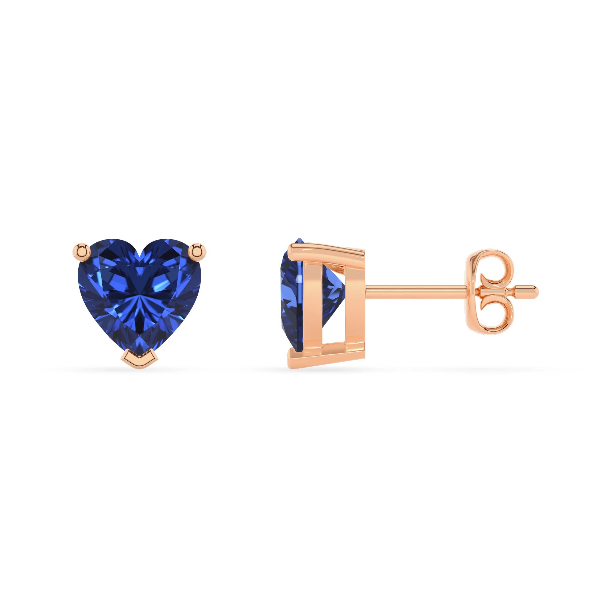 lab grown blue sapphire heart stud earrings in rose gold