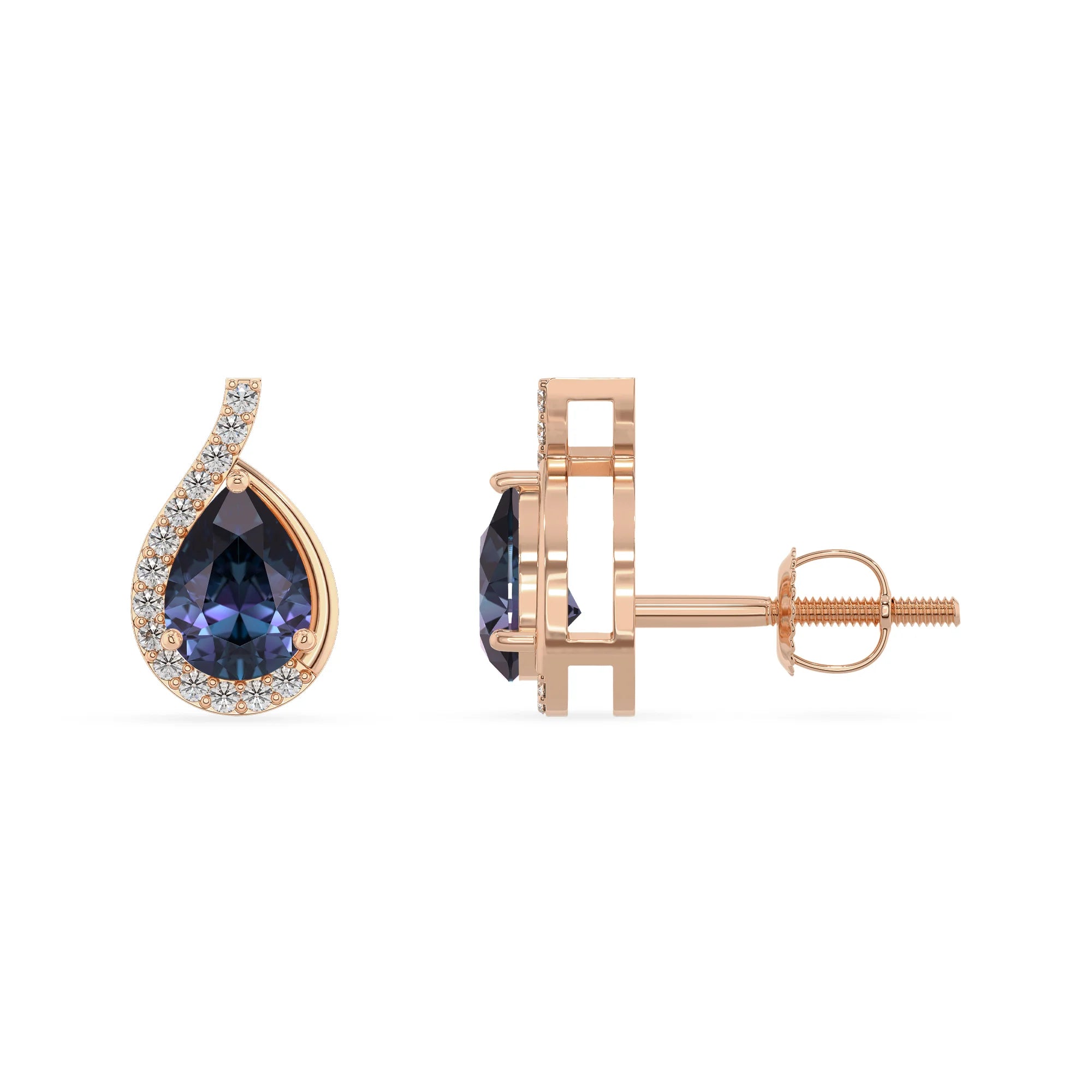 lab grown alexandrite pear stud earrings in rose gold