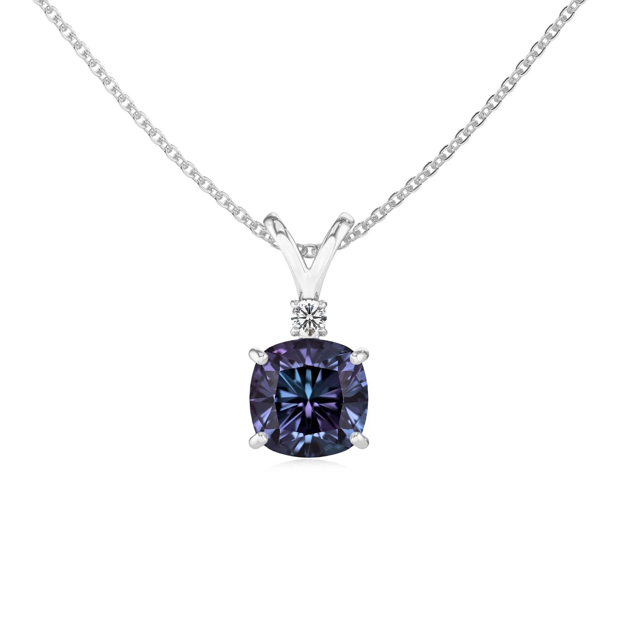 lab grown alexandrite cushion solitaire v-bale necklaces in platinum