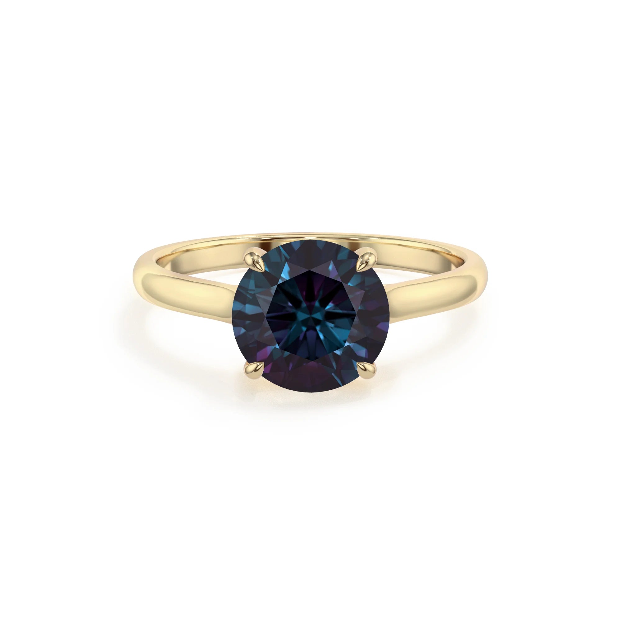 lab grown alexandrite round solitaire rings in yellow gold