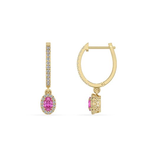 lab grown pink sapphire oval drop earrings in yellow gold