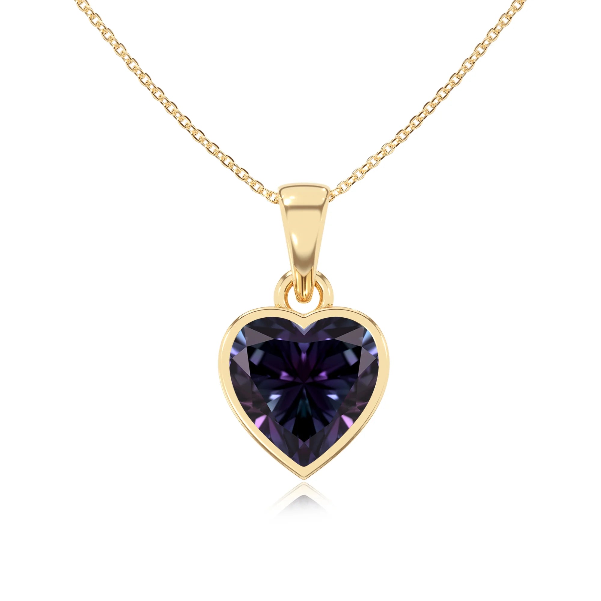 lab grown alexandrite heart solitaire necklaces in yellow gold