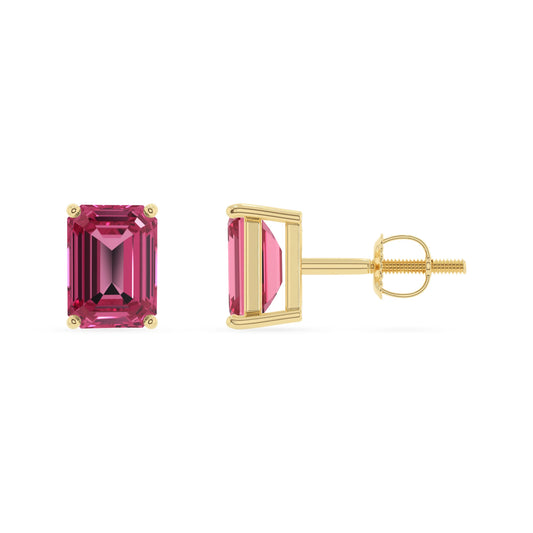 lab grown pink tourmaline emerald cut stud earrings in yellow gold