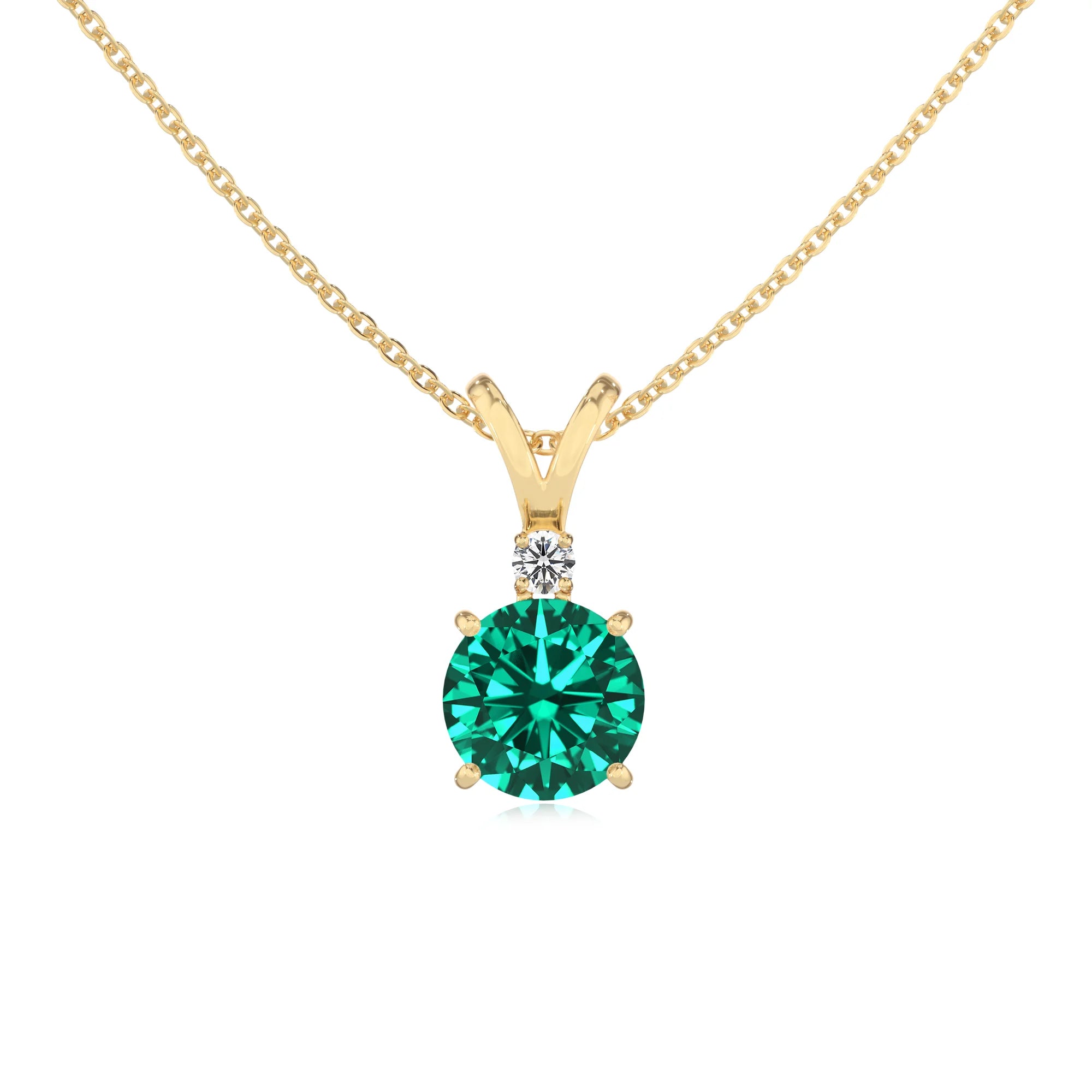 lab grown emerald round solitaire v-bale necklaces in yellow gold