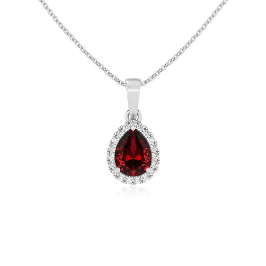lab grown ruby pear solitaire necklaces in white gold