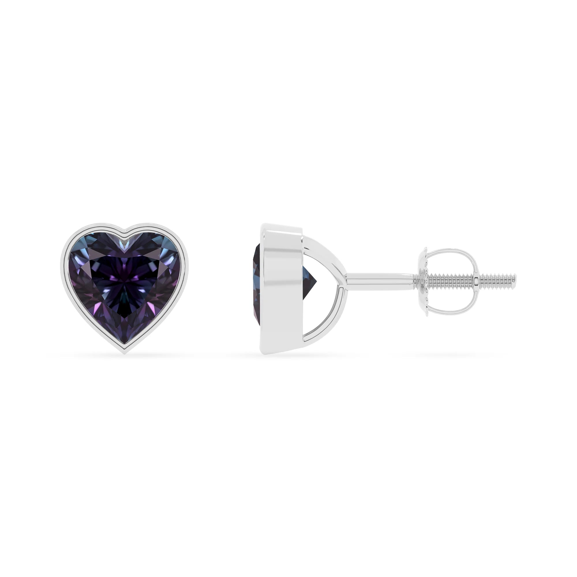 lab grown alexandrite heart stud earrings in white gold