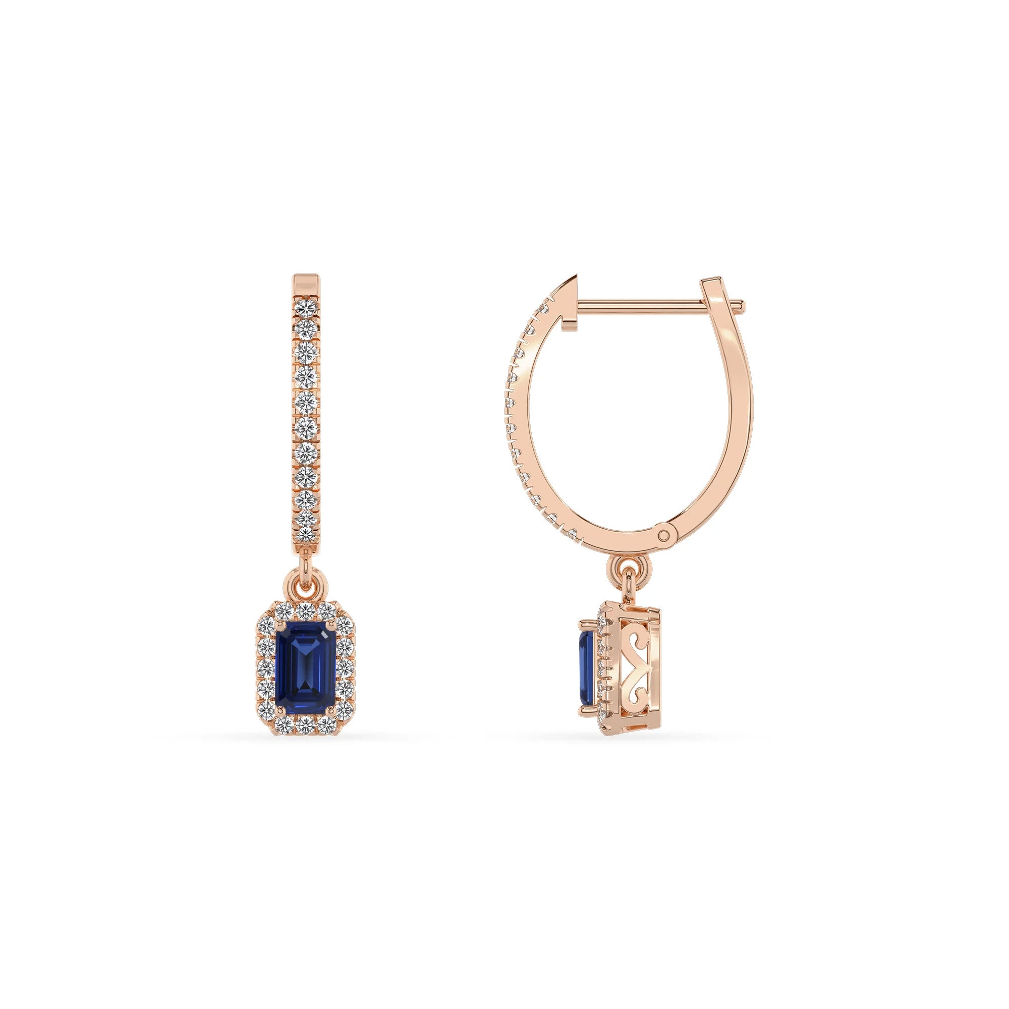 lab grown blue sapphire emerald cut drop earrings in rose gold