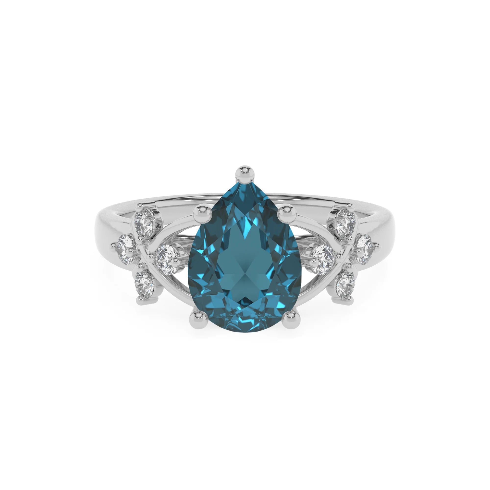 natural london-blue-topaz pear solitaire rings in platinum