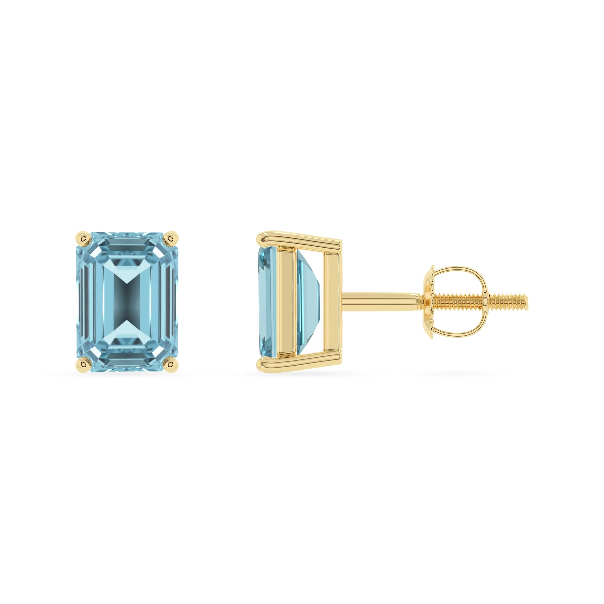 lab grown aquamarine emerald cut stud earrings in yellow gold