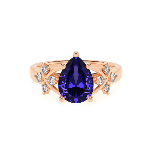 lab grown tanzanite pear solitaire rings in rose gold