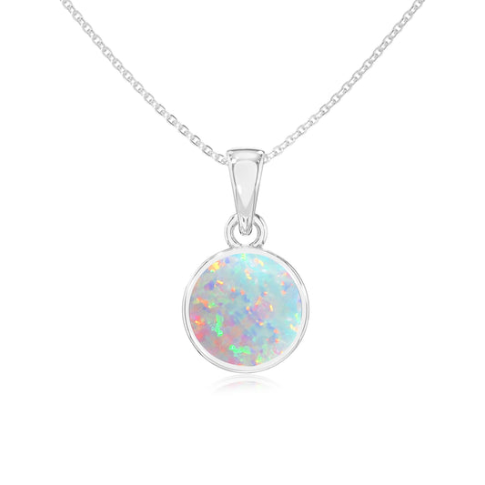 lab grown opal round solitaire necklaces in sterling silver