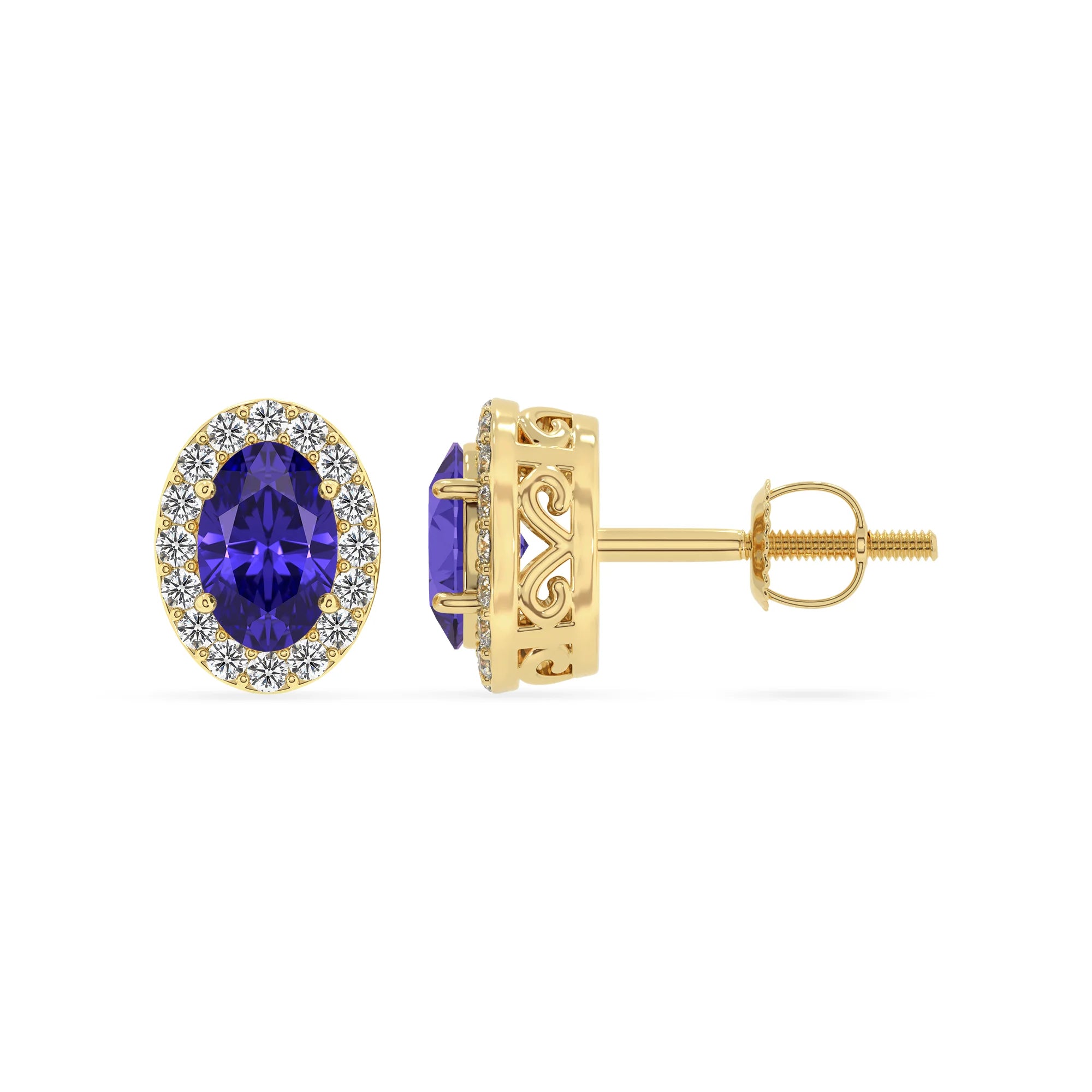 lab grown tanzanite oval stud earrings in yellow gold