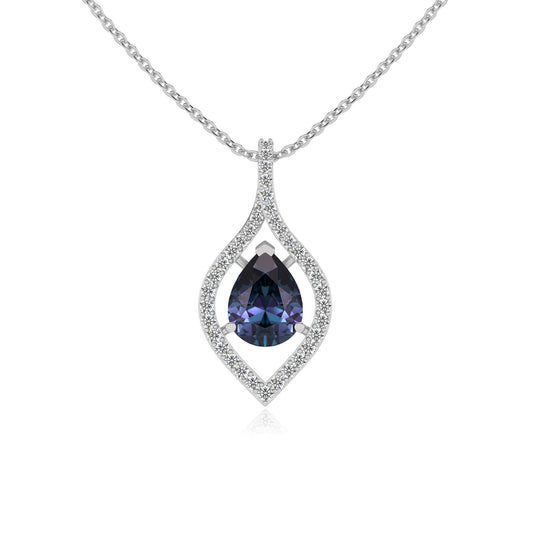 lab grown alexandrite pear infinity necklaces in white gold