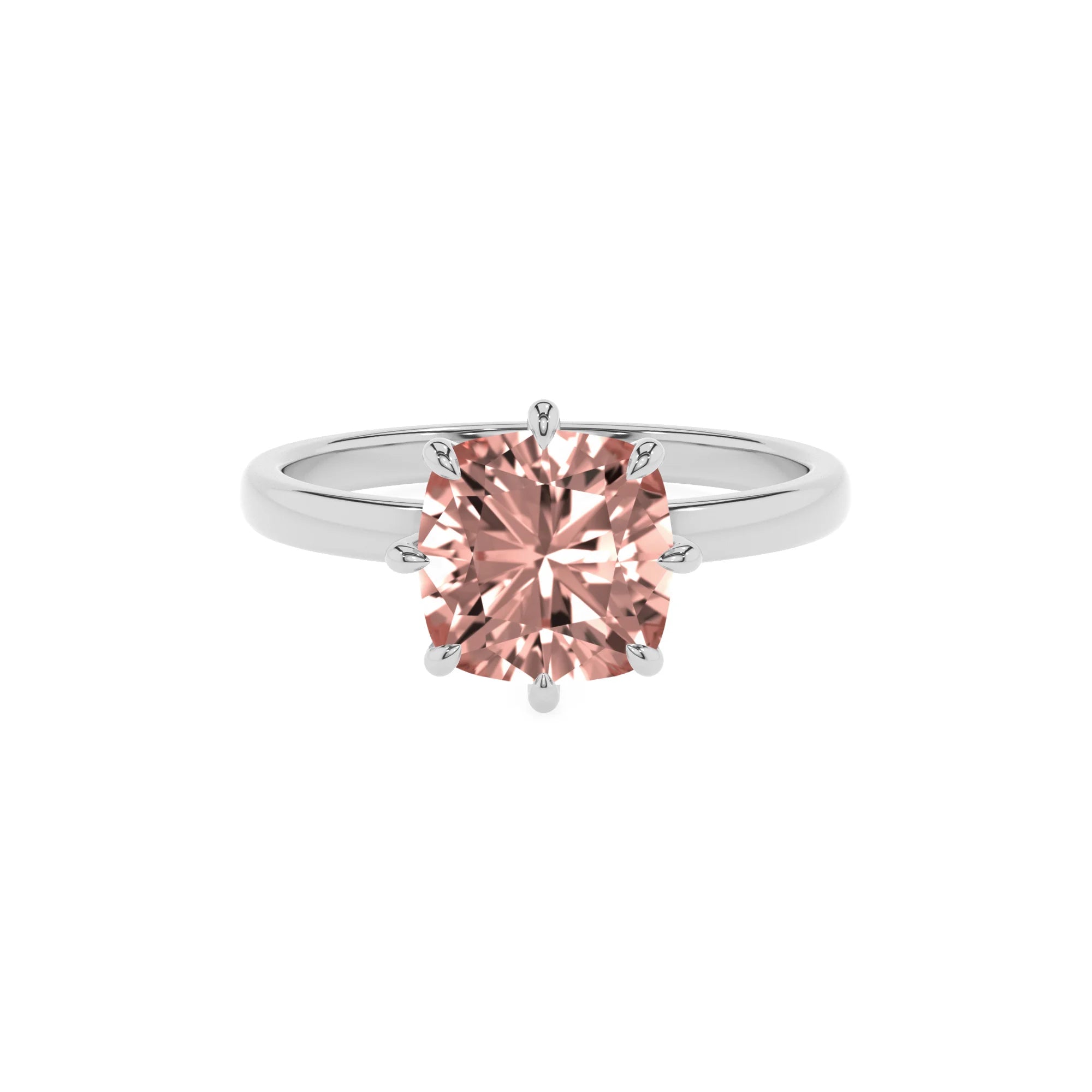 lab grown morganite cushion solitaire rings in platinum