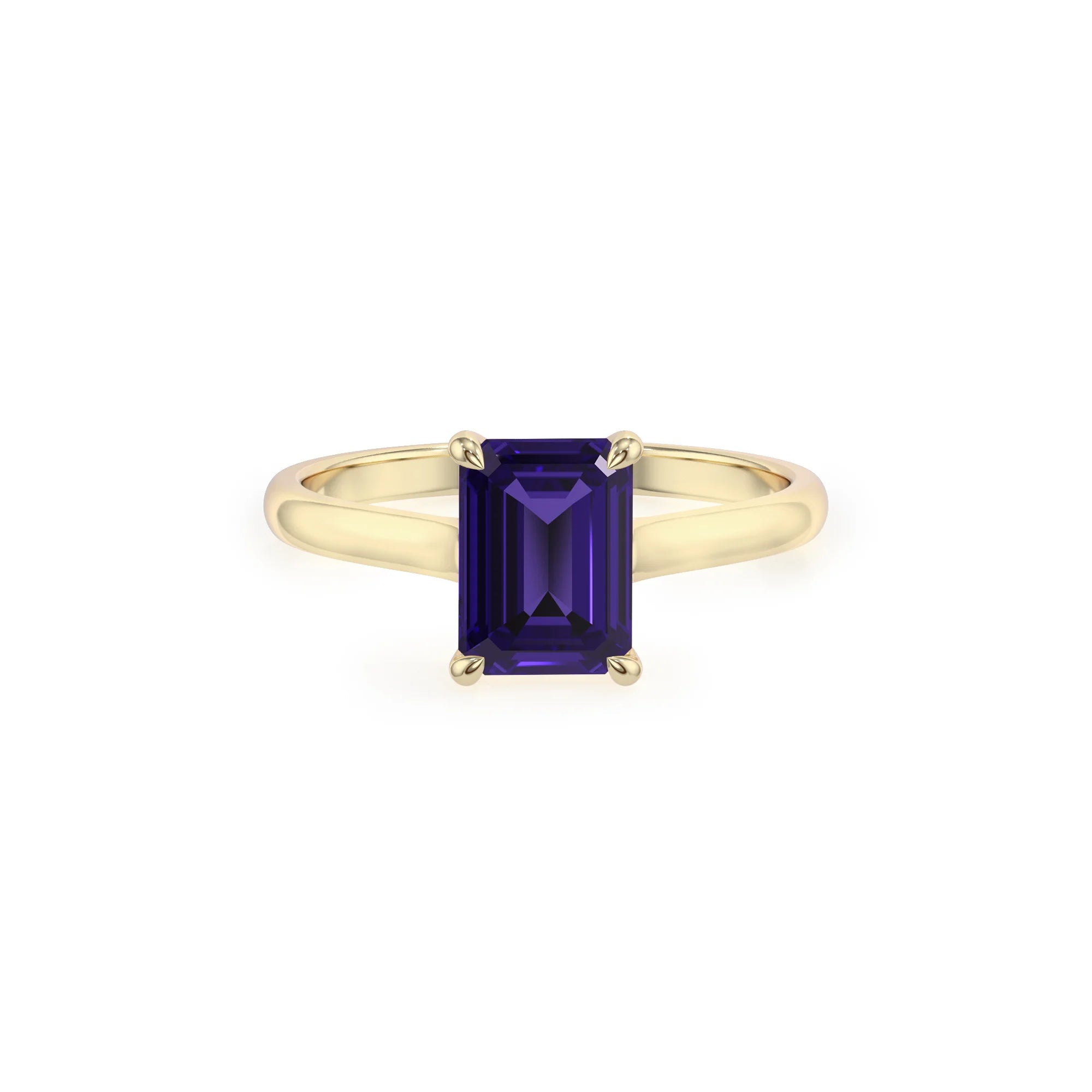 lab grown tanzanite emerald cut solitaire rings in yellow gold