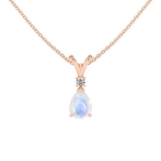 natural rainbow-moonstone pear solitaire v-bale necklaces in rose gold