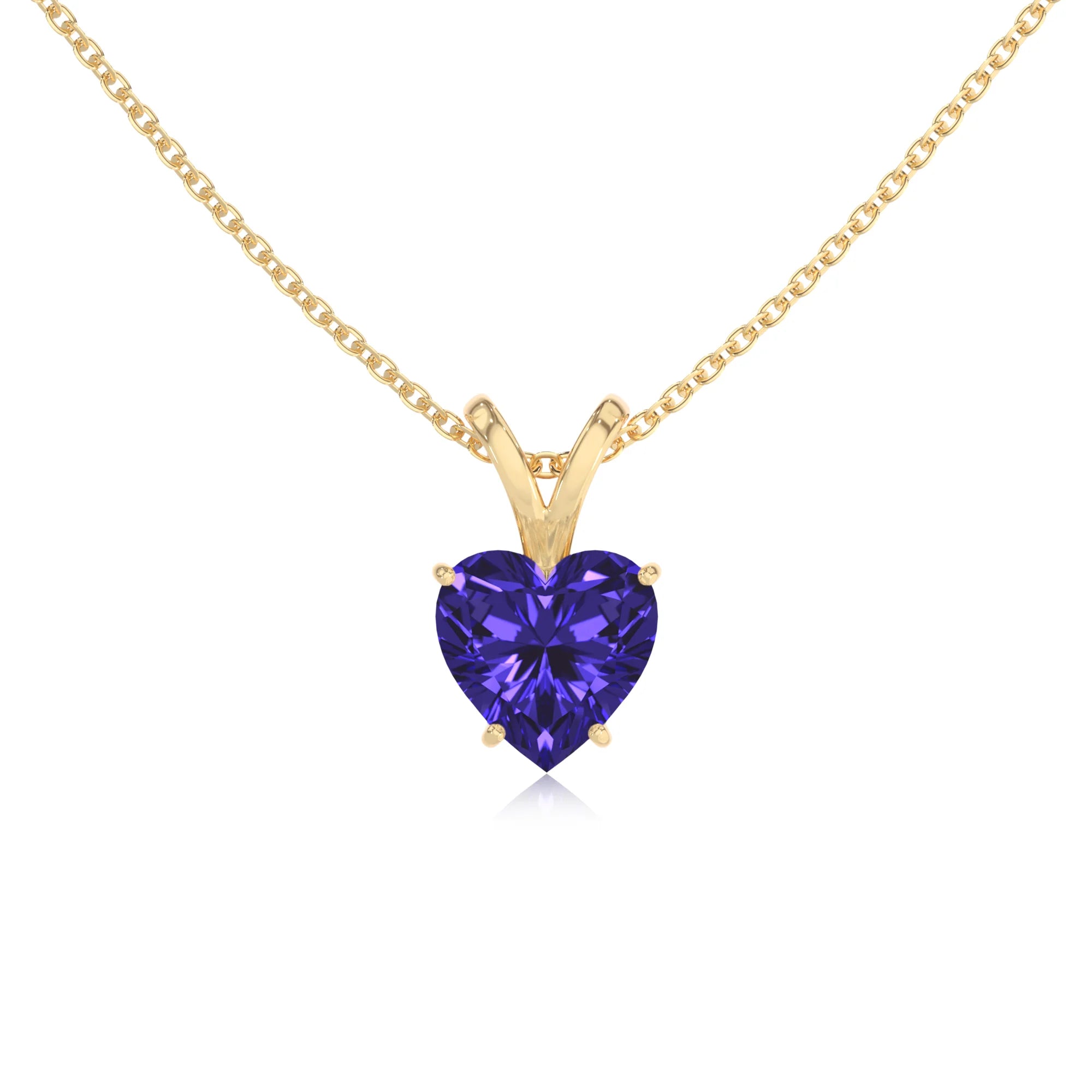 lab grown tanzanite heart solitaire v-bale necklaces in yellow gold