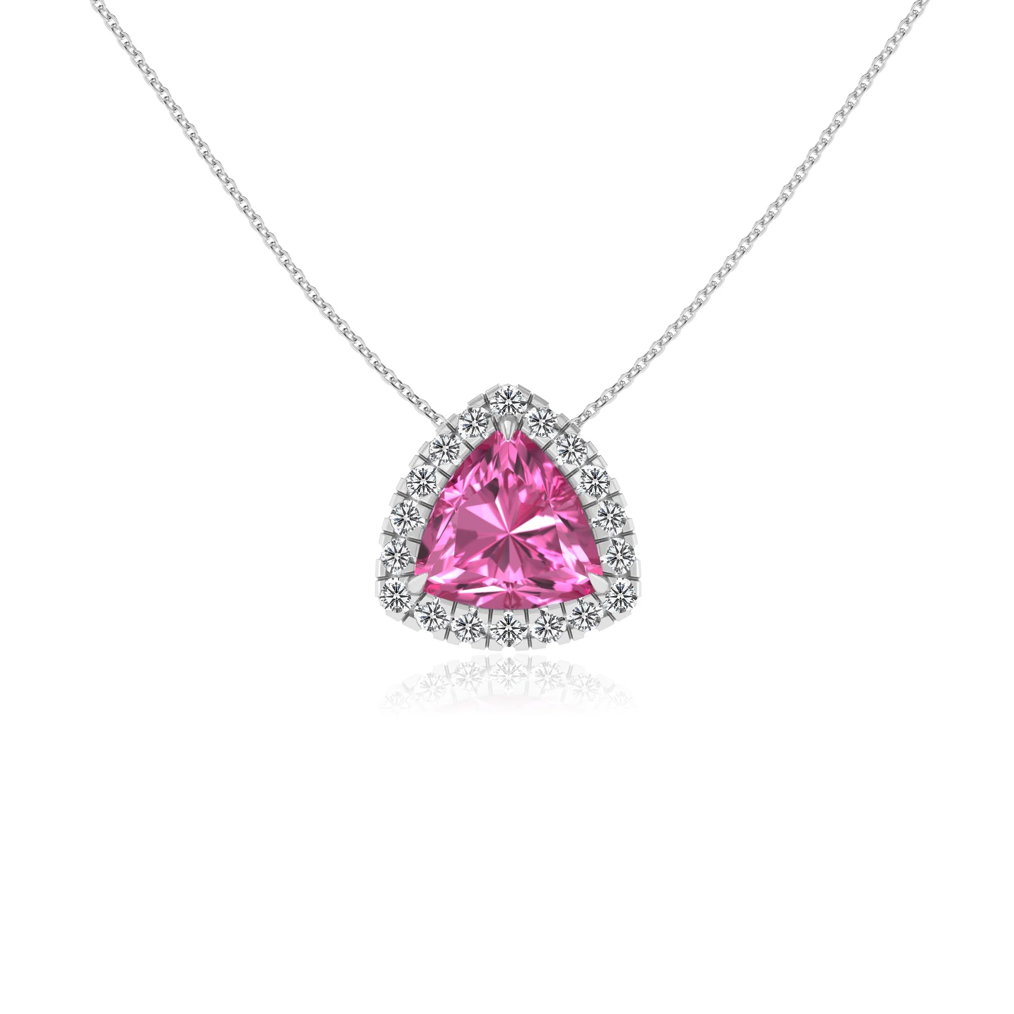 lab grown pink sapphire trillion solitaire necklaces in white gold