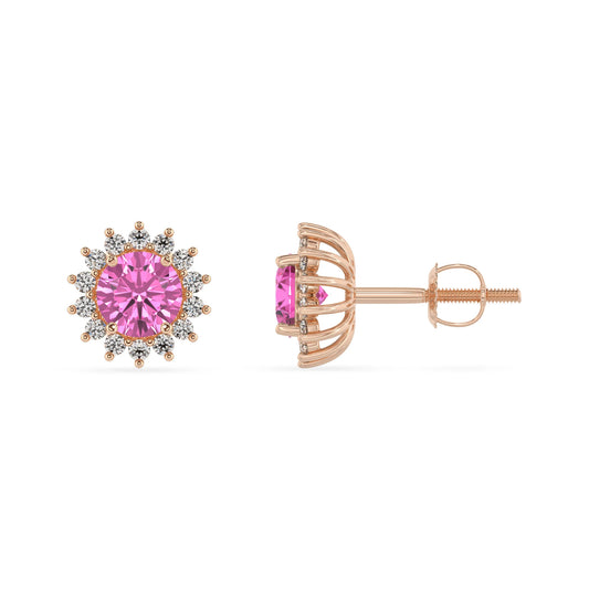 lab grown pink sapphire round stud earrings in rose gold