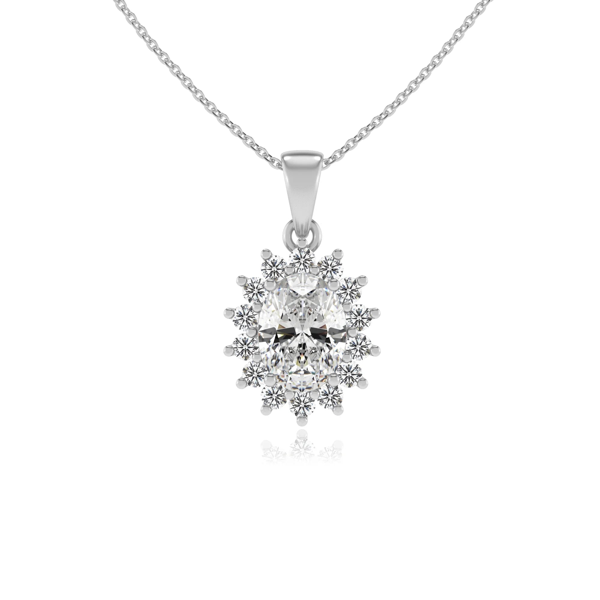 lab grown moissanite oval halo necklaces in white gold