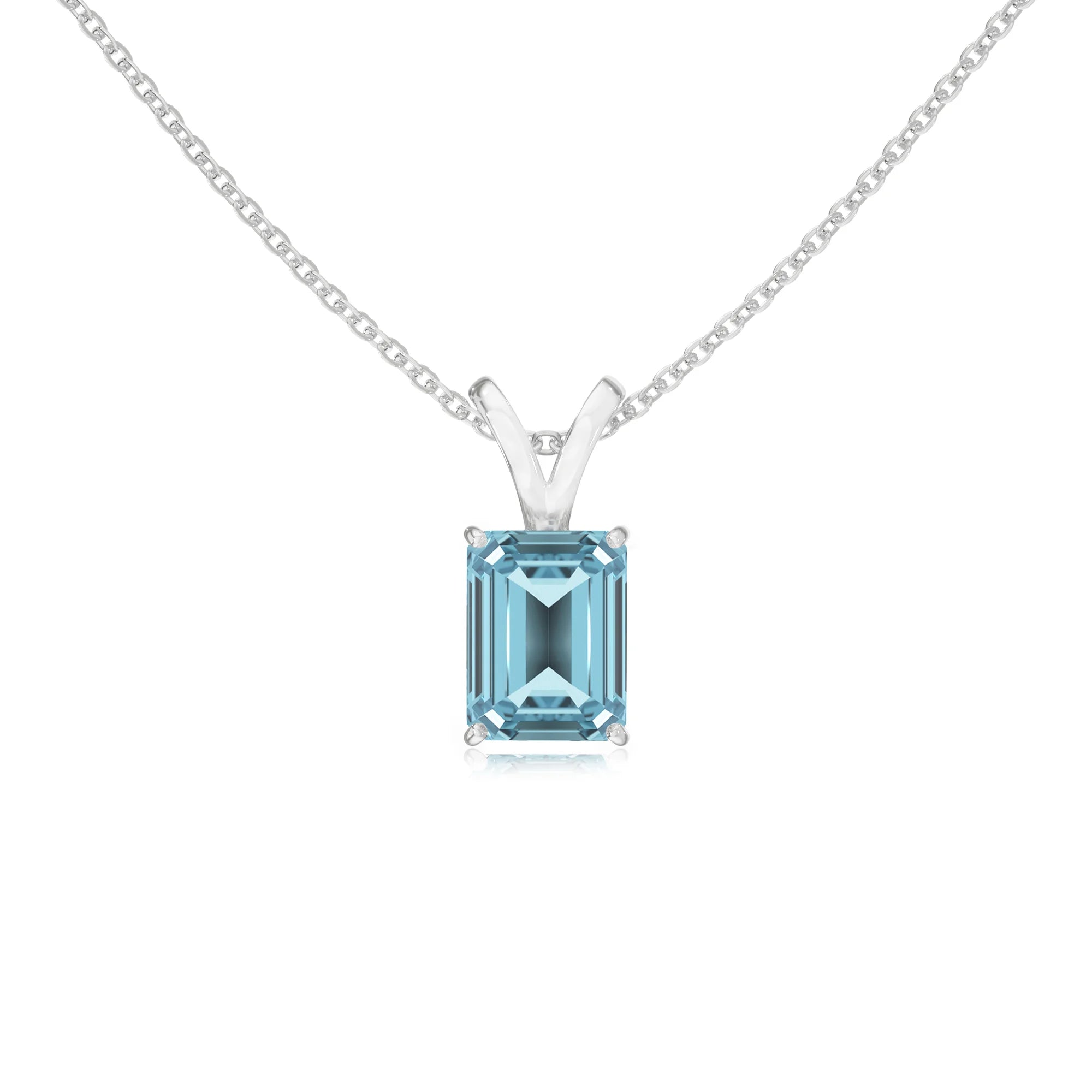 lab grown aquamarine emerald cut solitaire v-bale necklaces in white gold