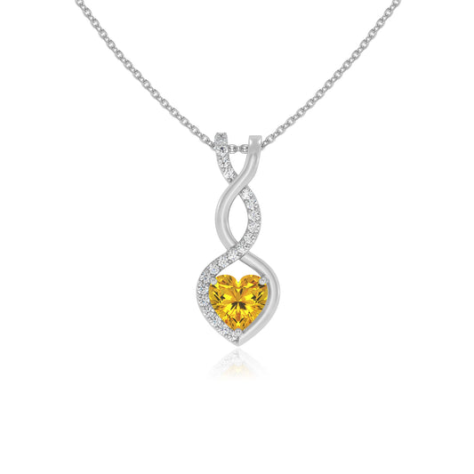 lab grown yellow-sapphire heart infinity necklaces in white gold