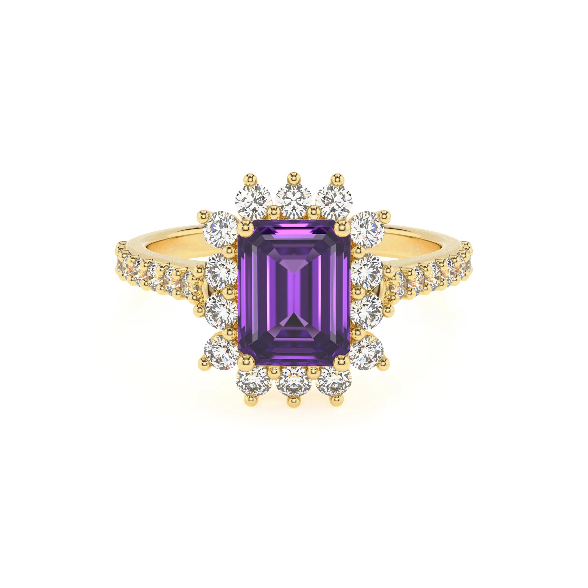 lab grown amethyst emerald cut solitaire rings in yellow gold