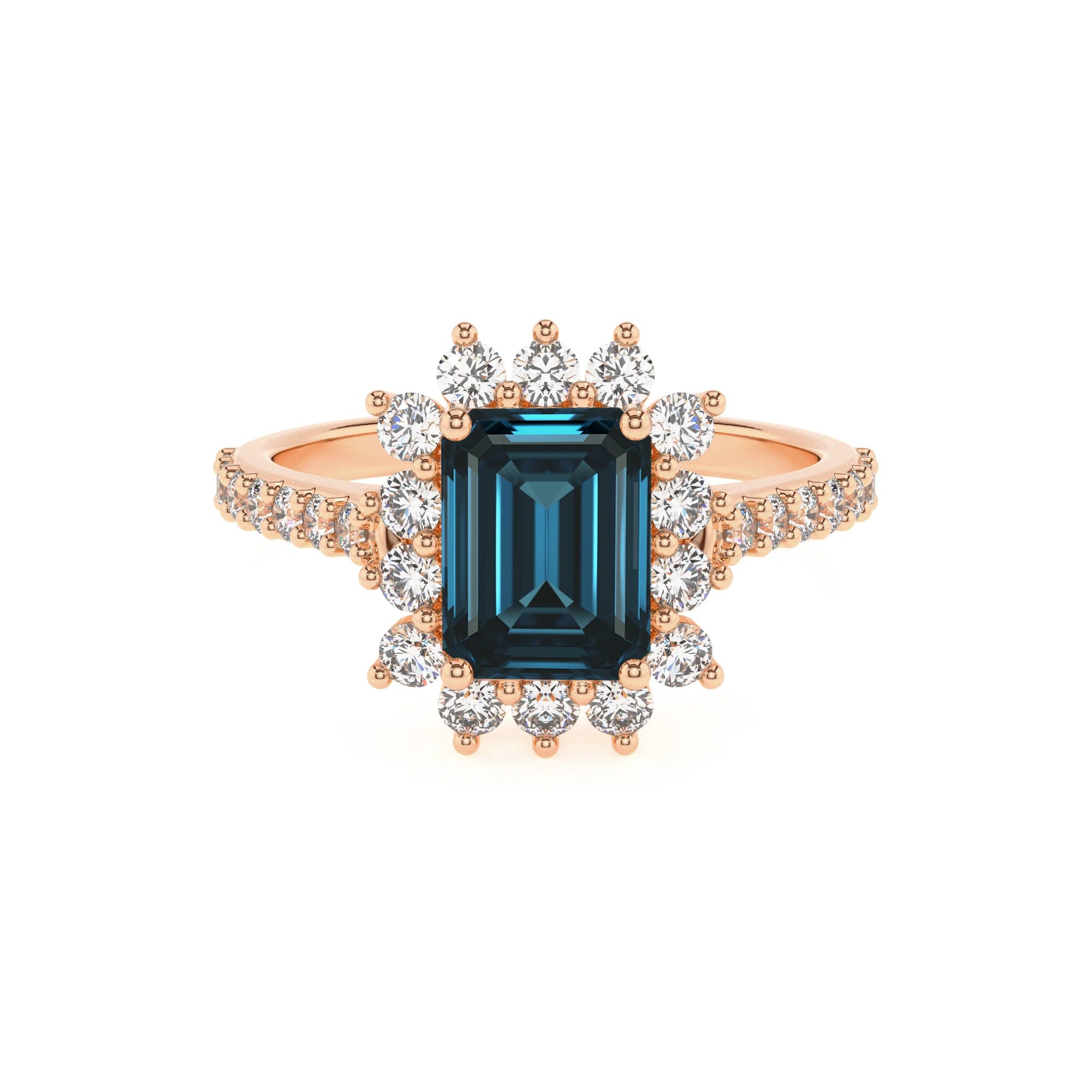 natural london-blue-topaz emerald cut solitaire rings in rose gold