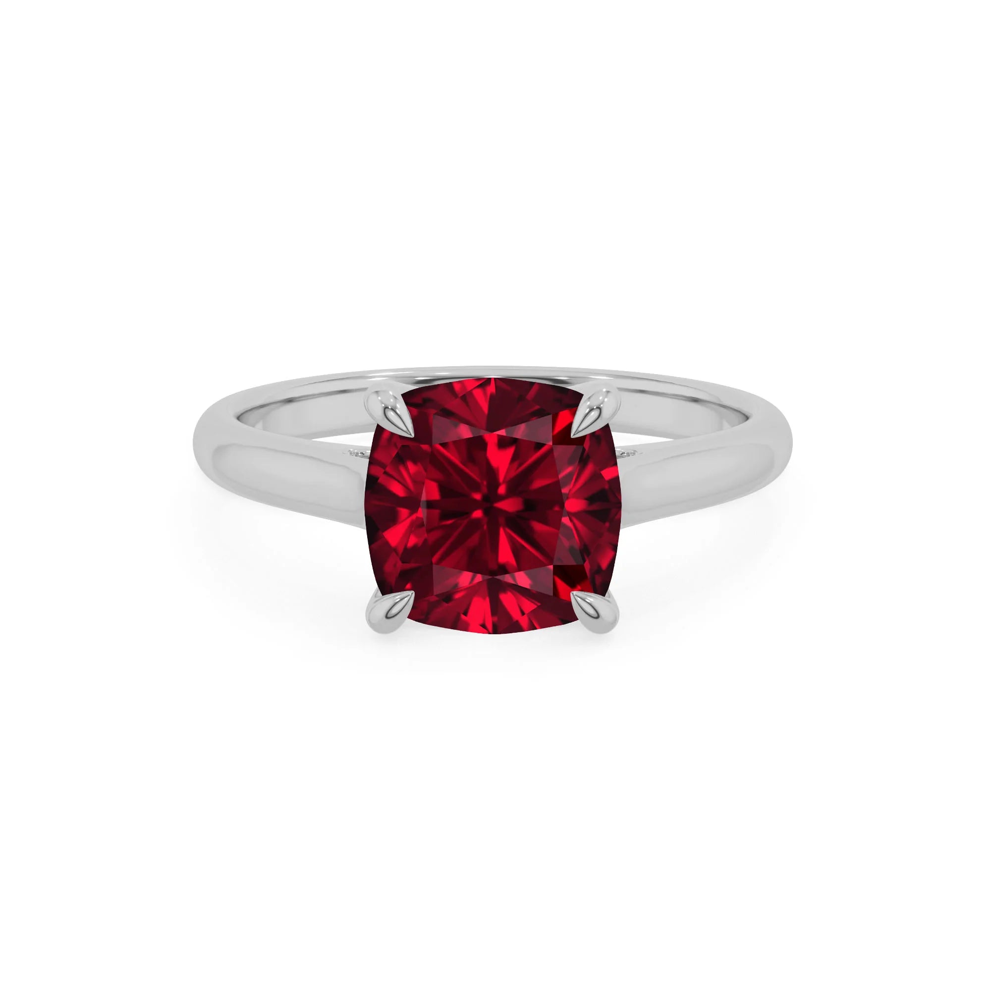 lab grown ruby cushion solitaire rings in platinum