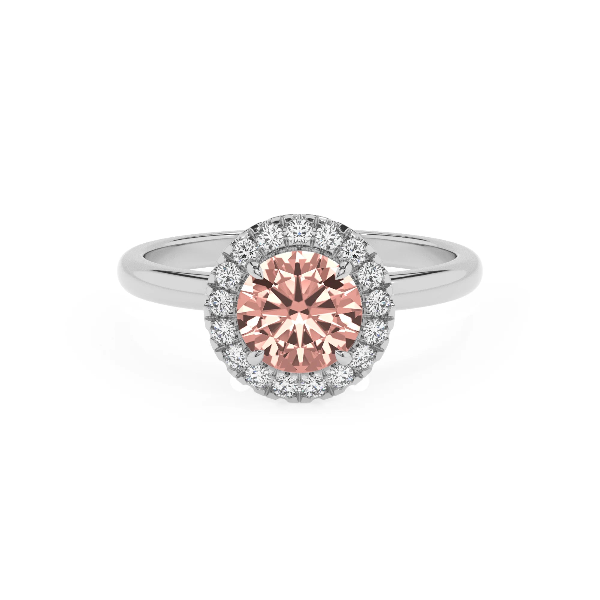 lab grown morganite round solitaire rings in platinum