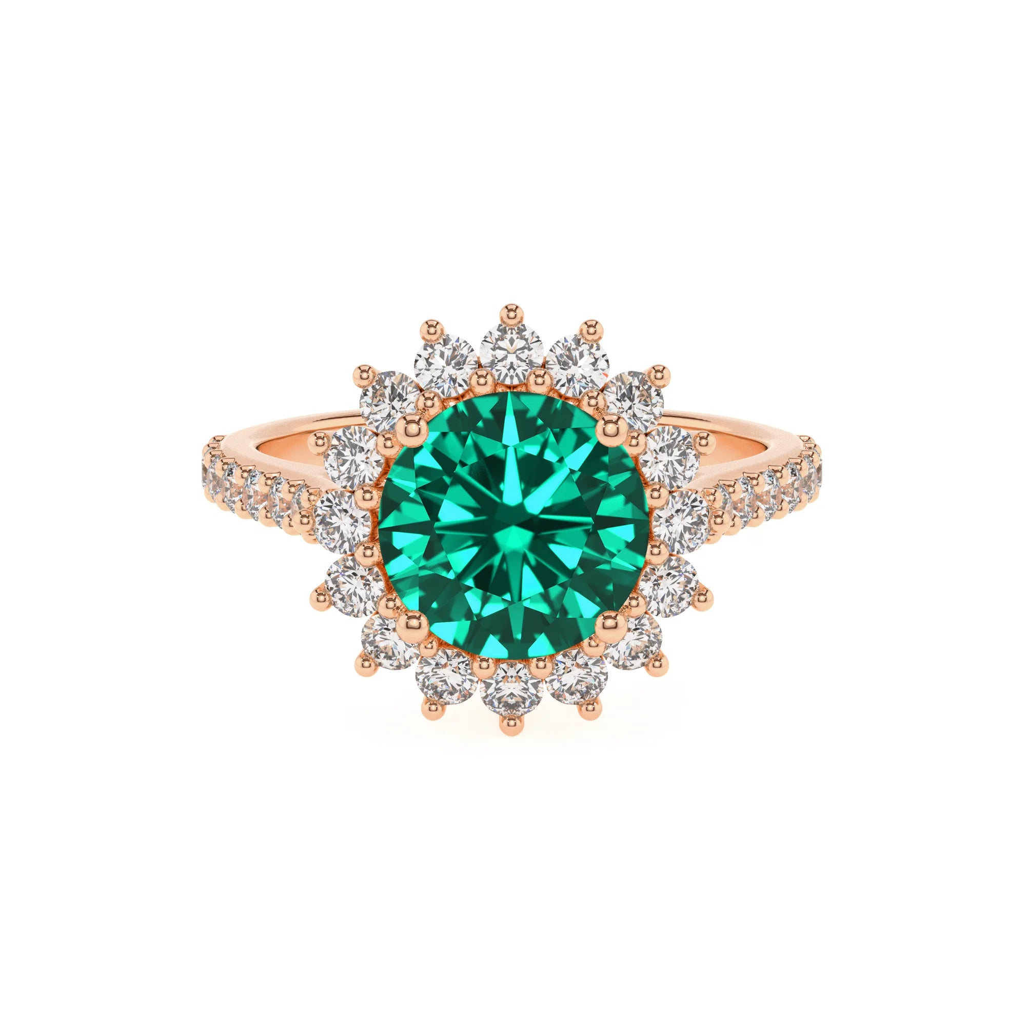 lab grown emerald round solitaire rings in rose gold