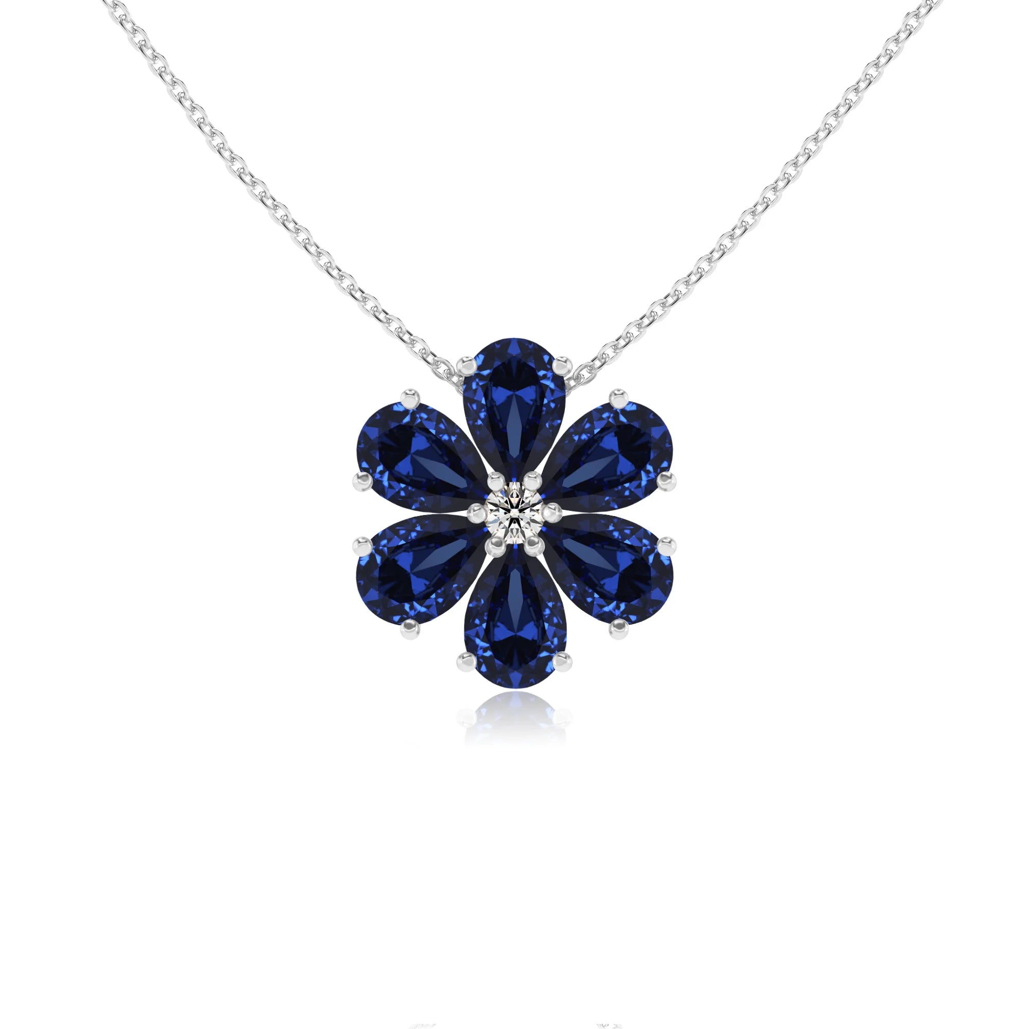 lab grown blue-sapphire pear solitaire necklaces in sterling silver