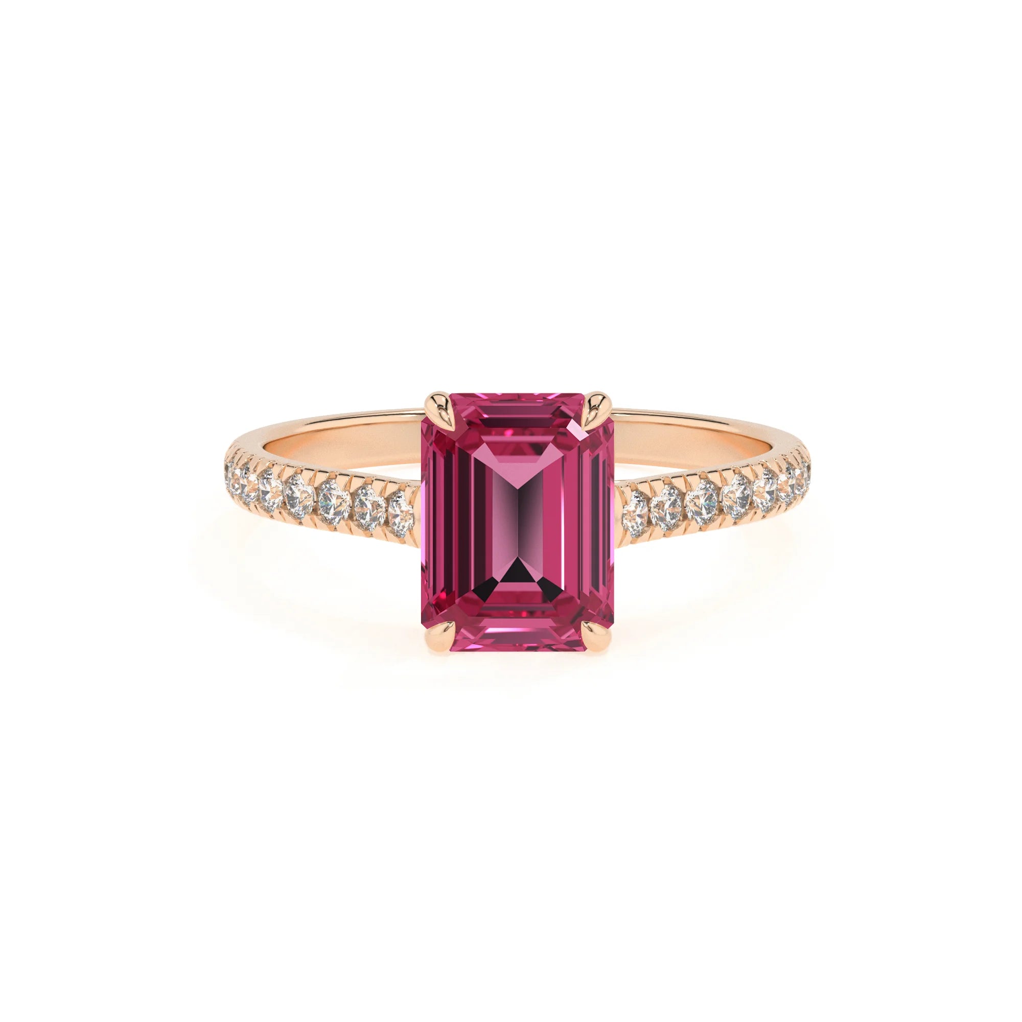 lab grown pink-tourmaline emerald cut half eternity solitaire engagement rings in rose gold