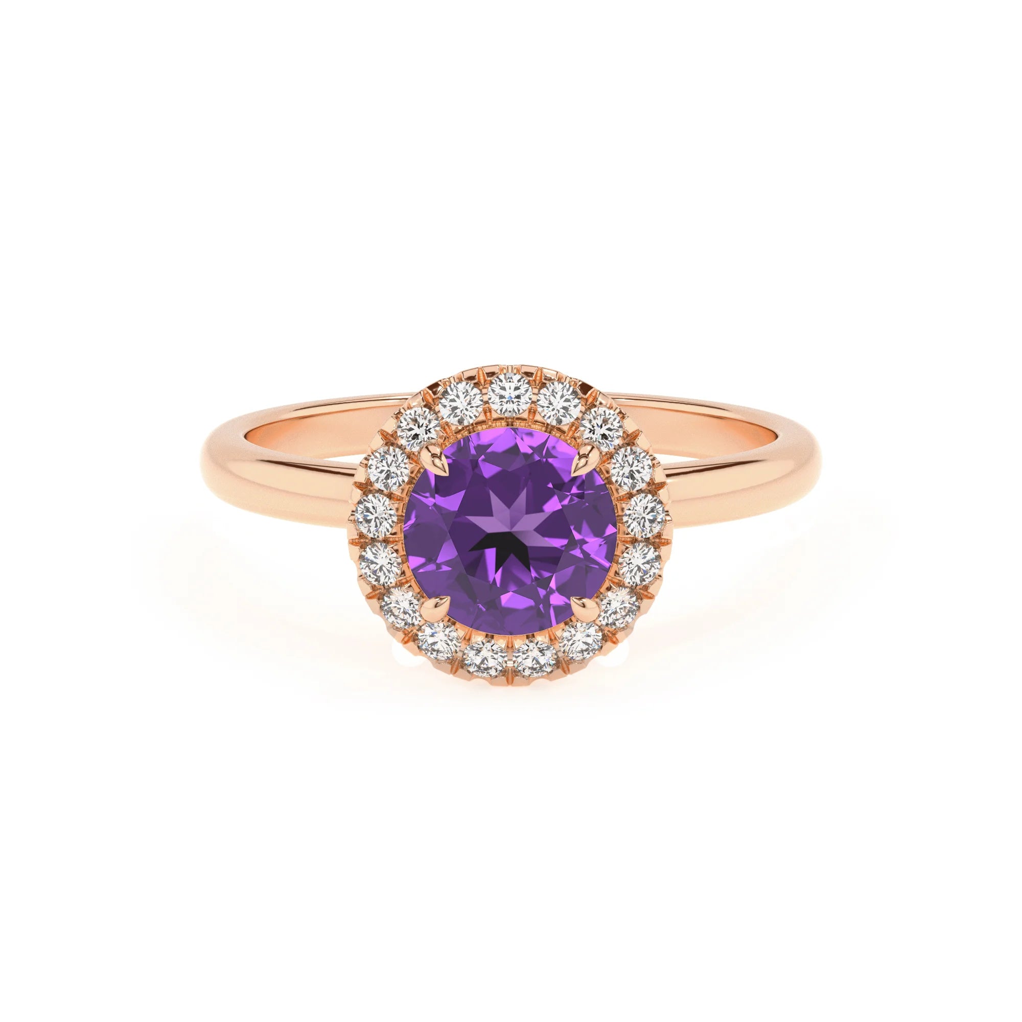 lab grown amethyst round solitaire rings in rose gold