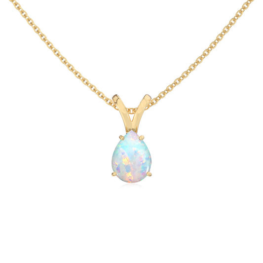 lab grown opal pear solitaire v-bale necklaces in yellow gold